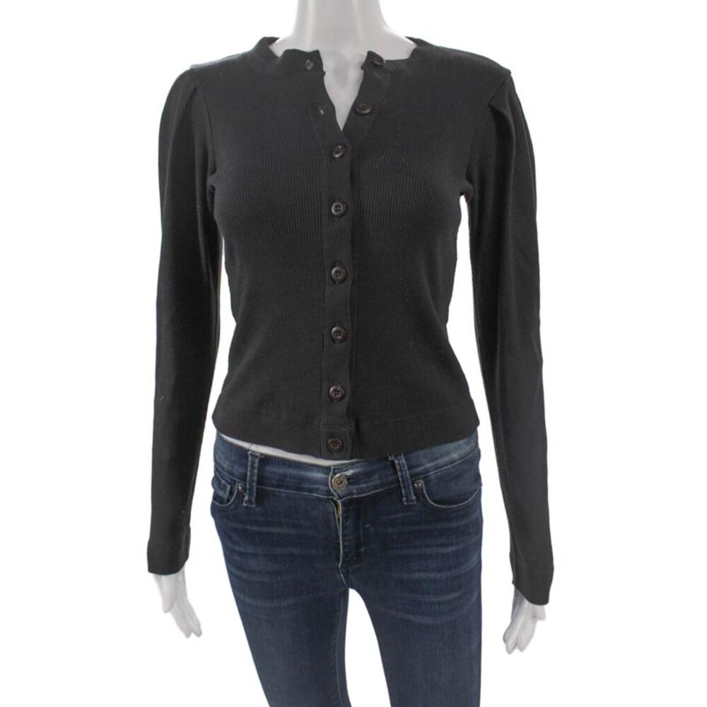 Amo Women Cardigan Black V-Neck 100% Cotton Long Sleeve Size XS
